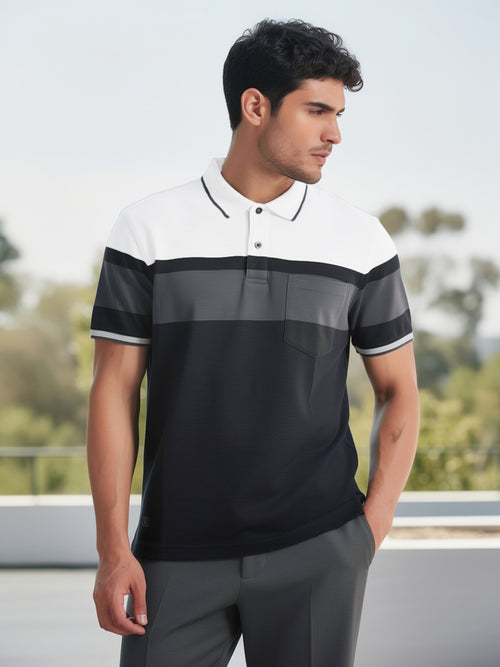 Black Panel Stripes Polo T Shirt