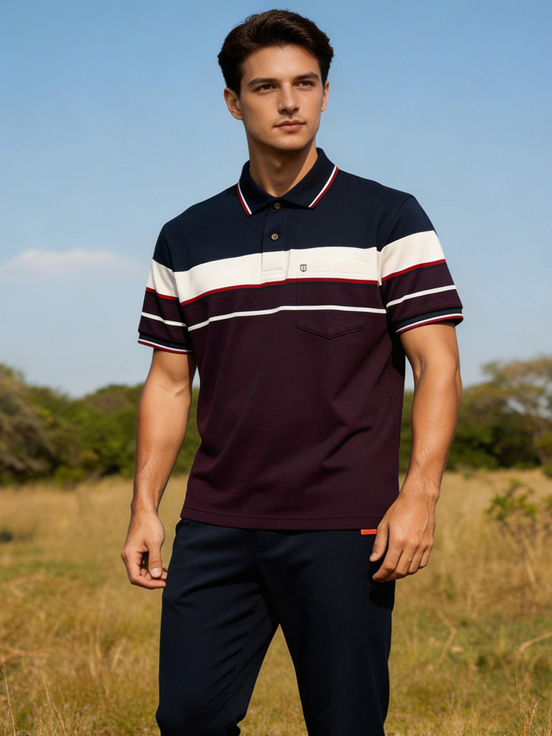 Purple Horizontal Stripes Polo T Shirt