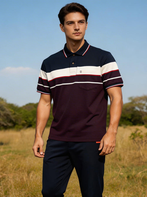 Purple Horizontal Stripes Polo T Shirt