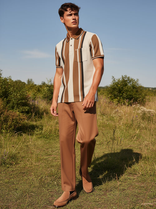 Camel Cream Vertical Stripes Polo T Shirt