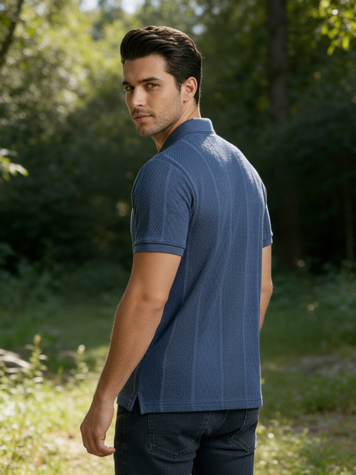 Dusty Blue Textured Zipper Polo T Shirt