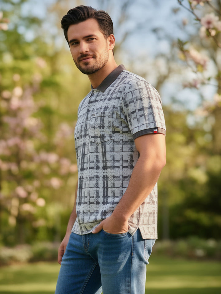 Grey Geometric Grid Printed Polo T Shirt