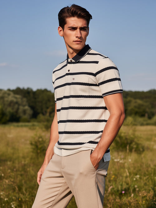 Cream and Black Horizontal Stripes Polo T Shirt
