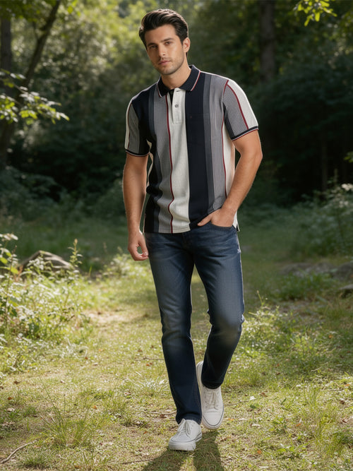 Black and Grey Vertical Stripes Polo T Shirt