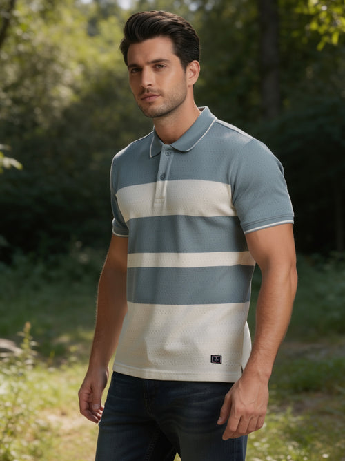 Teal Blue Textured Horizontal Stripes Polo T Shirt