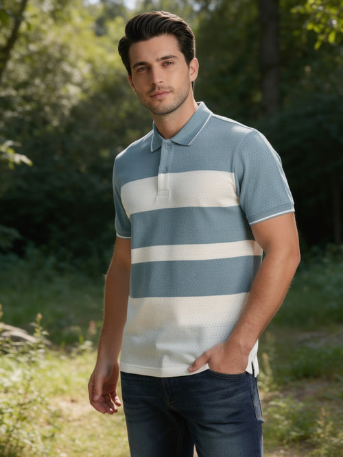 Teal Blue Textured Horizontal Stripes Polo T Shirt