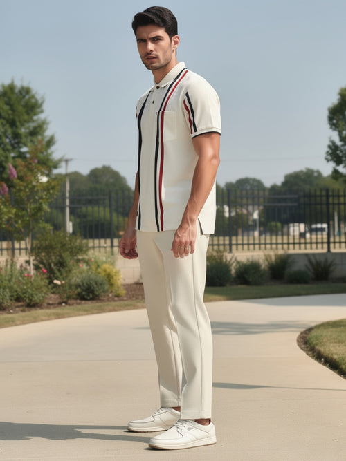 White Textured Vertical Stripes Polo T Shirt