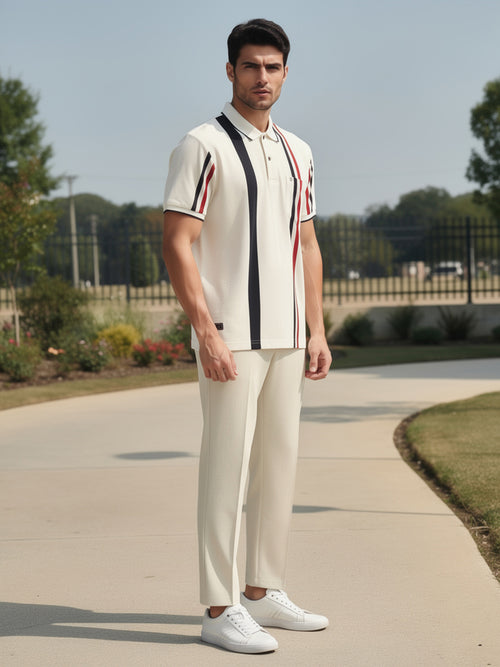 White Textured Vertical Stripes Polo T Shirt