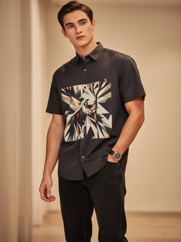 Charcoal Grey Geometric Printed Casual Shirt