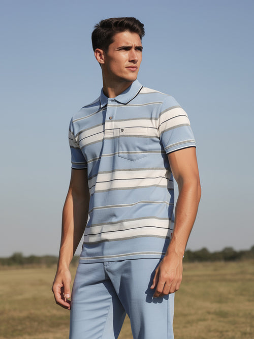 Sky Blue Horizontal Stripes Polo T Shirt