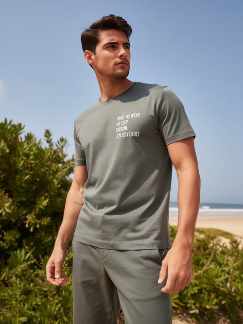 Ash Olive Printed Crew Neck T Shirt