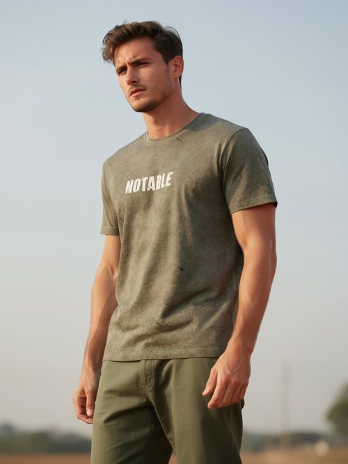 Dusty Olive Printed Crew Neck T Shirt