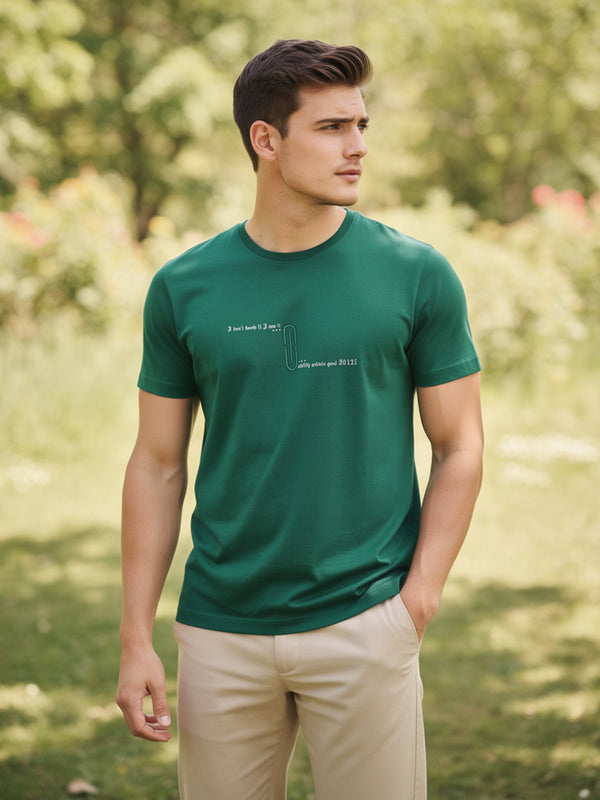 Dark Green Printed Crew Neck T Shirt