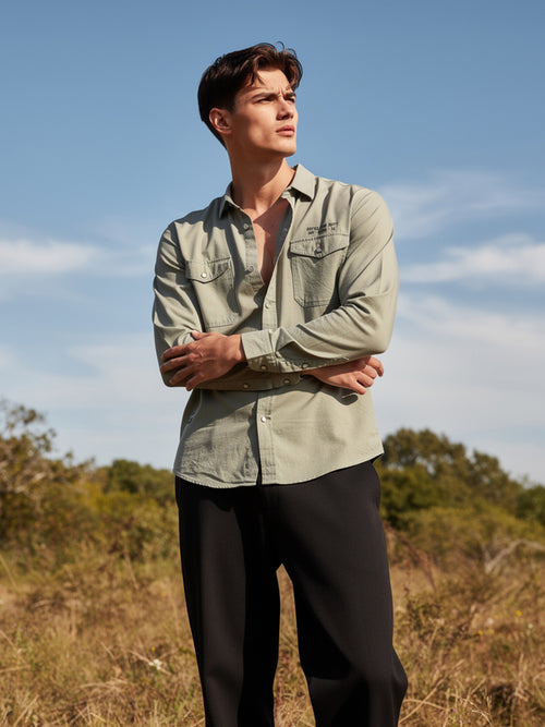 Stone Khaki Semi Casual Shirt With Dual Pockets