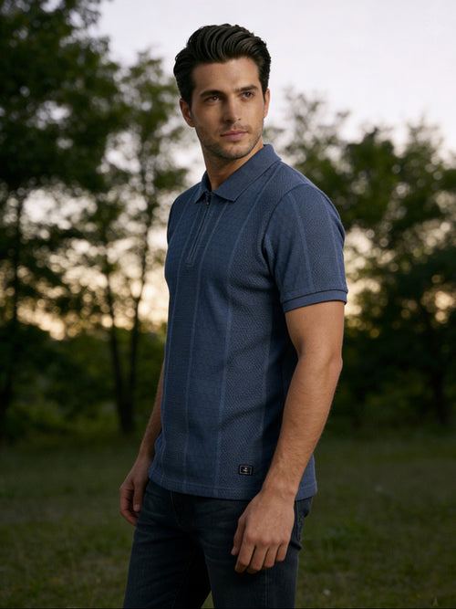 Dusty Blue Textured Zipper Polo T Shirt
