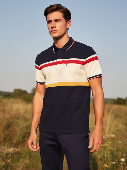Navy Tricolor Horizontal Stripe Polo T Shirt