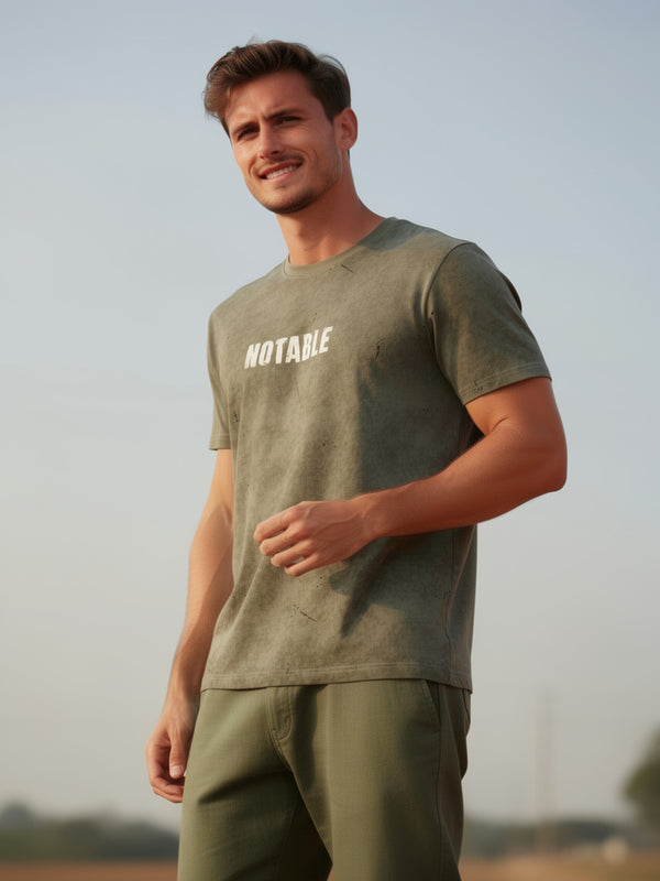 Dusty Olive Printed Crew Neck T Shirt