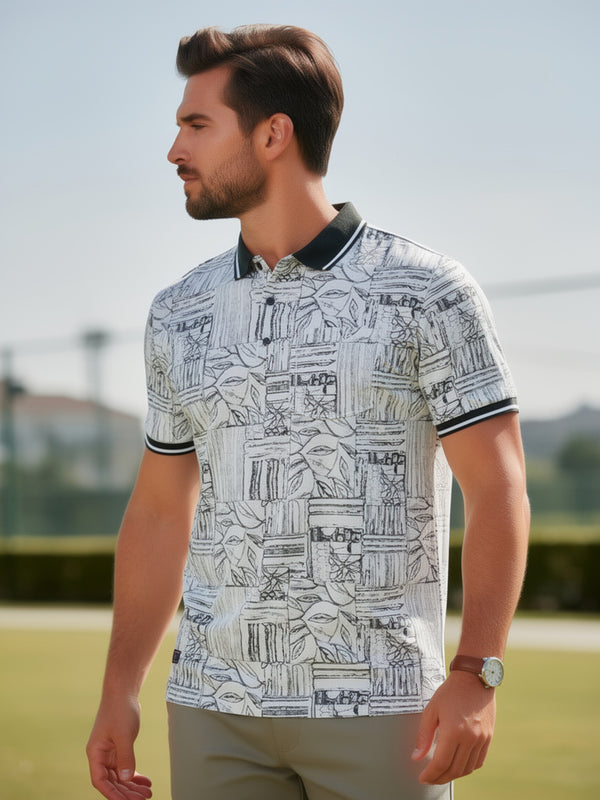 Charcoal Grey Sketch Printed Polo T Shirt