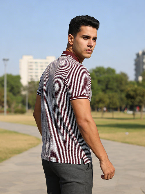 Burgundy Micro Vertical Stripes Polo T Shirt