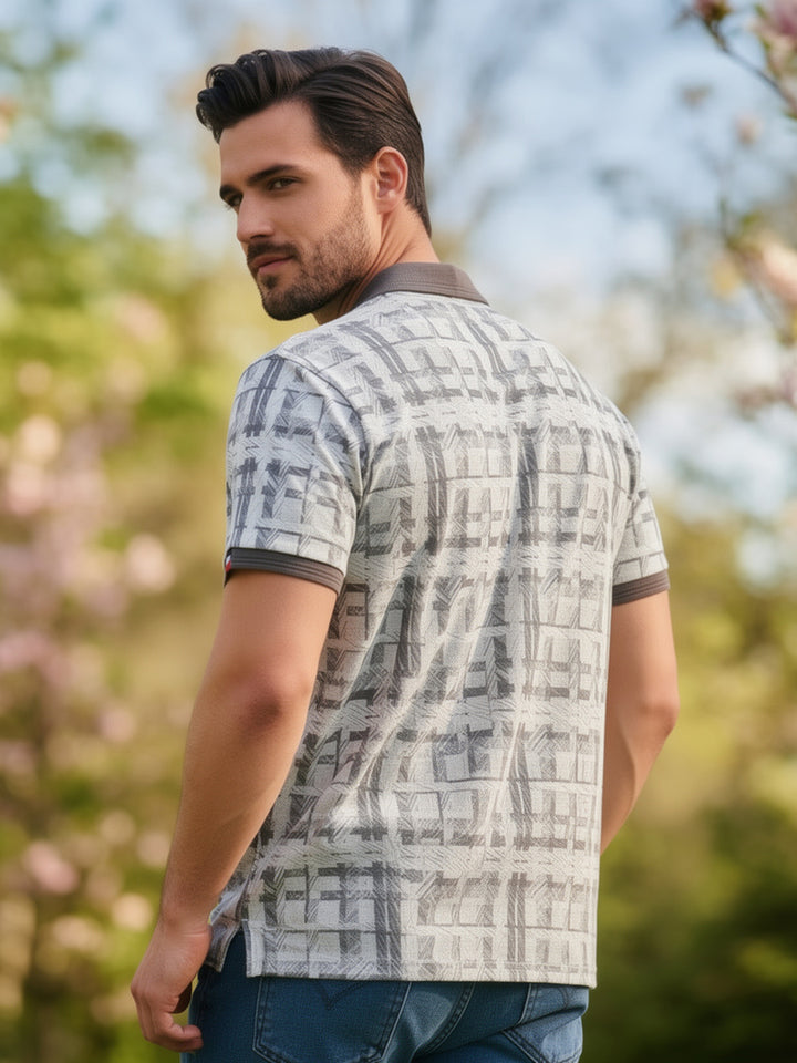 Grey Geometric Grid Printed Polo T Shirt