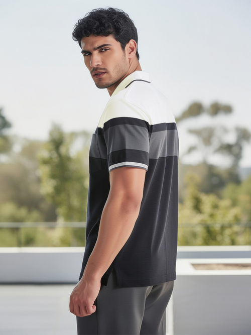 Black Panel Stripes Polo T Shirt