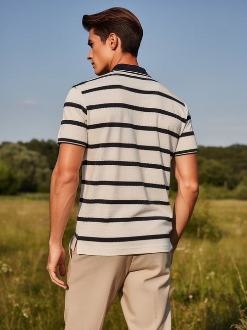 Cream and Black Horizontal Stripes Polo T Shirt