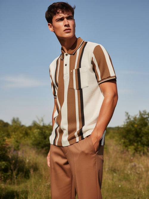 Camel Cream Vertical Stripes Polo T Shirt