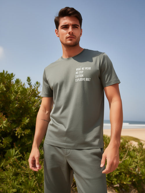 Ash Olive Printed Crew Neck T Shirt