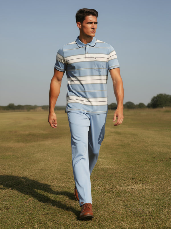 Sky Blue Horizontal Stripes Polo T Shirt