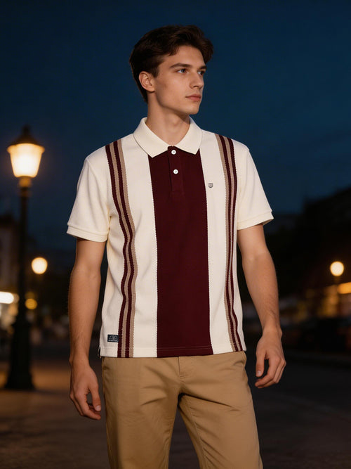Burgundy and Cream Vertical Stripes Polo T Shirt