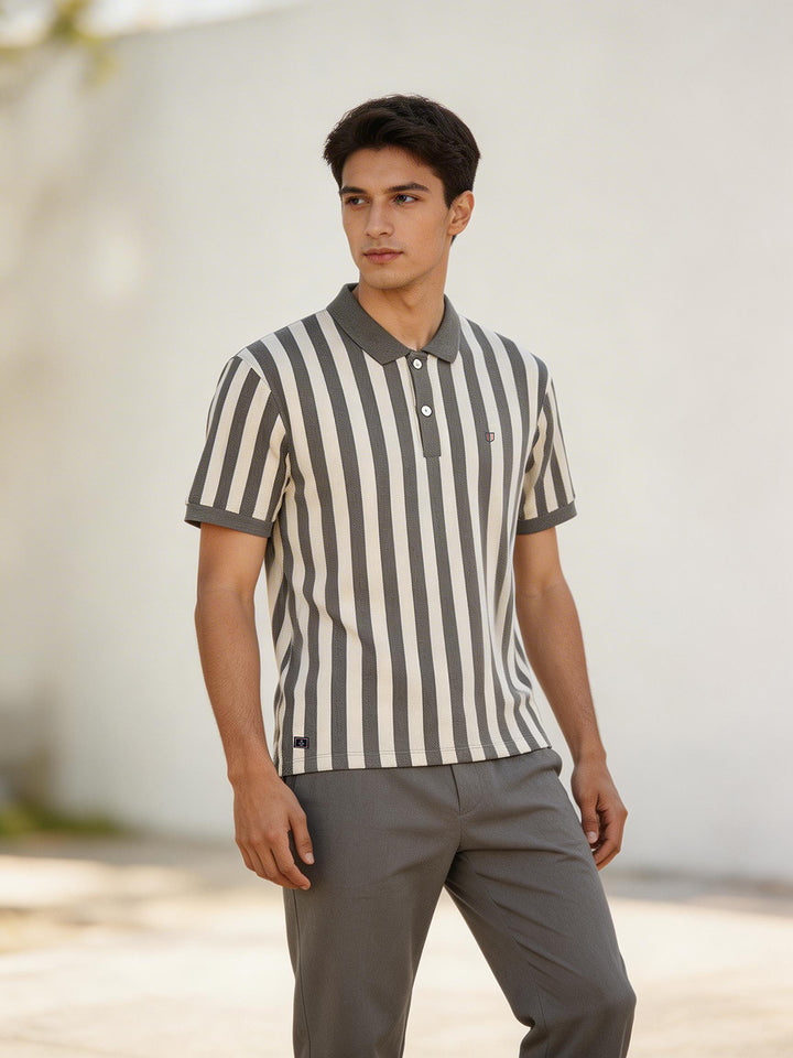 Ash Grey Vertical Stripes Polo T Shirt