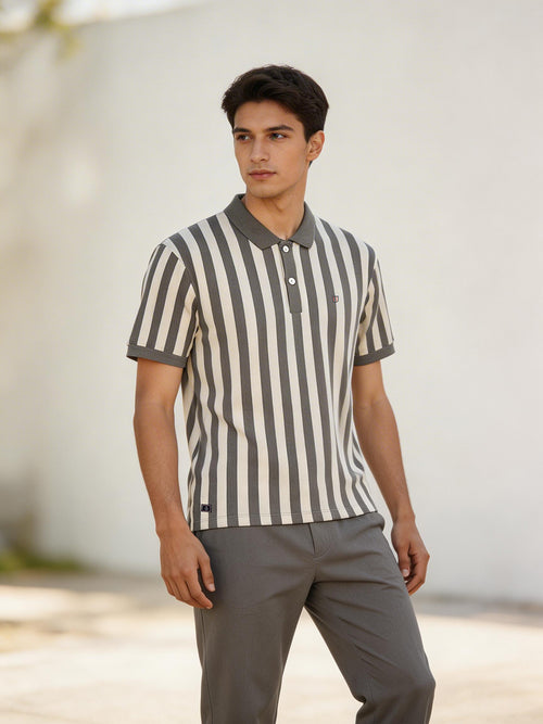 Ash Grey Vertical Stripes Polo T Shirt
