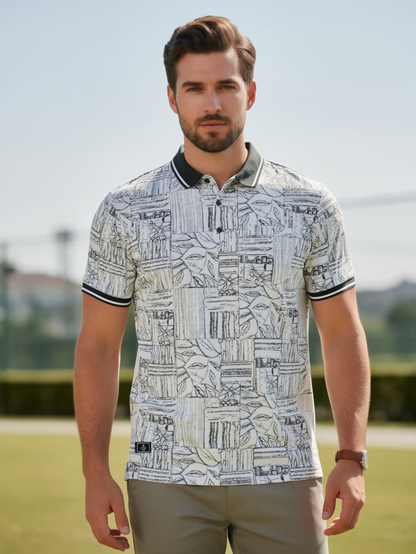 Charcoal Grey Sketch Printed Polo T Shirt