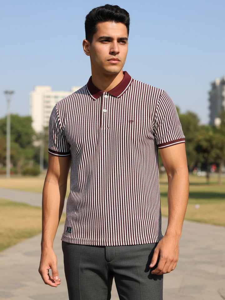 Burgundy Micro Vertical Stripes Polo T Shirt