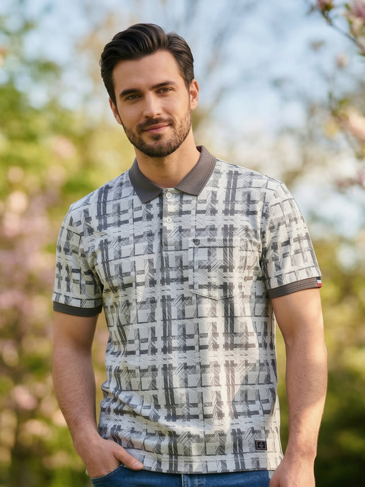 Grey Geometric Grid Printed Polo T Shirt