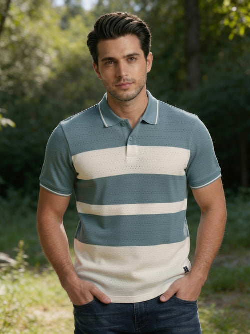 Teal Blue Textured Horizontal Stripes Polo T Shirt