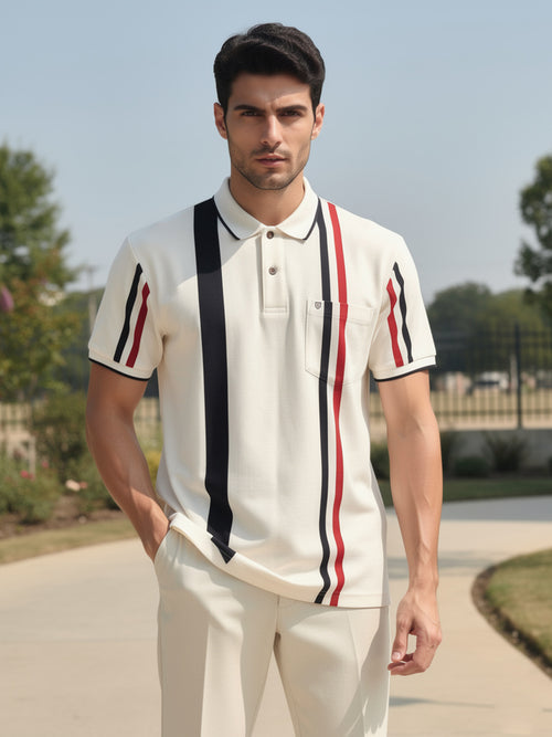 White Textured Vertical Stripes Polo T Shirt