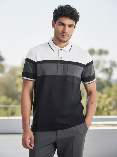 Black Panel Stripes Polo T Shirt