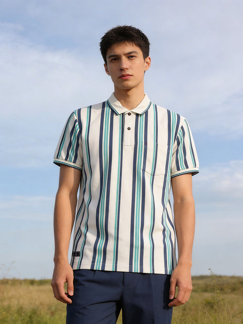 Light Ocean Blue Vertical Stripes Polo T Shirt