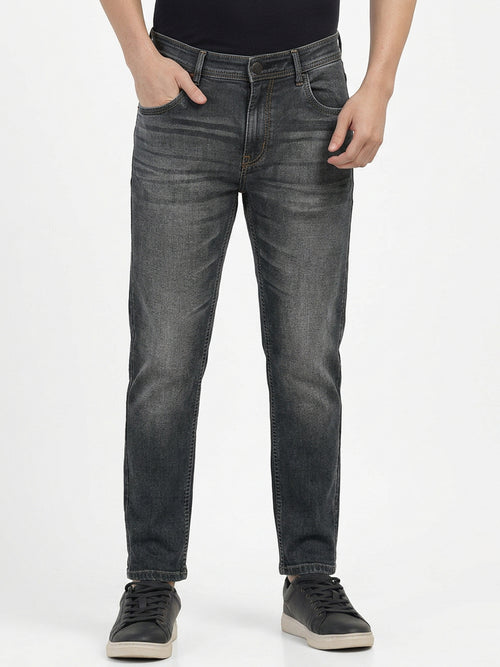Dark Grey Faded Denim Cotton Stretch Solid Trousers
