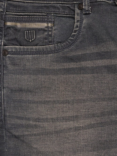 Dark Grey Faded Denim Cotton Stretch Solid Trousers