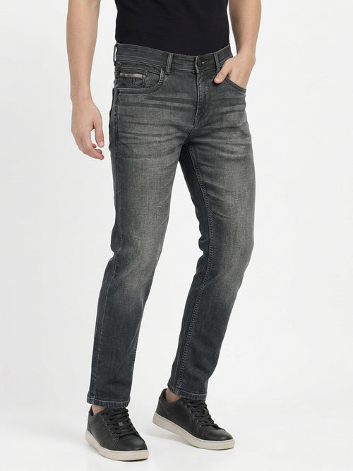 Dark Grey Faded Denim Cotton Stretch Solid Trousers