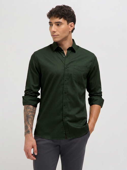 Dark Green Twill Satin Solid Casual Shirt