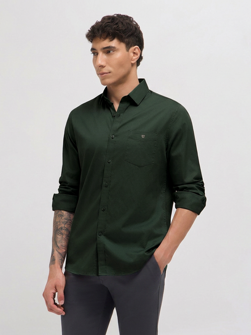 Dark Green Twill Satin Solid Casual Shirt