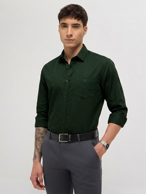 Dark Green Twill Satin Solid Casual Shirt