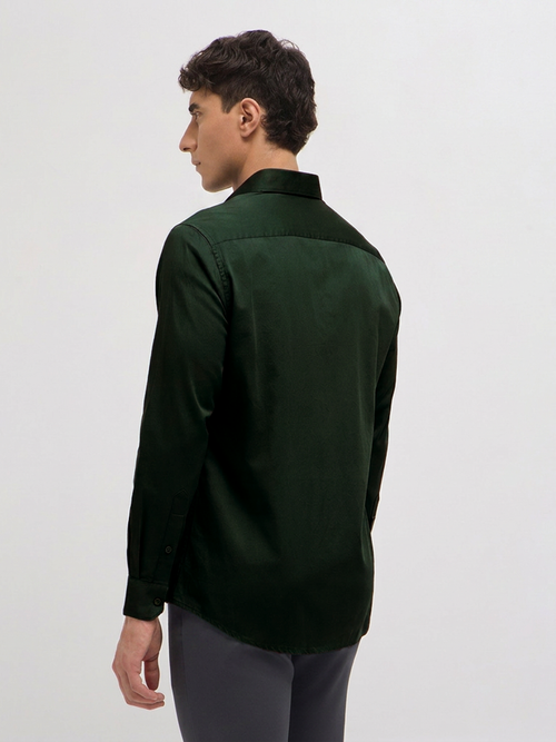 Dark Green Twill Satin Solid Casual Shirt