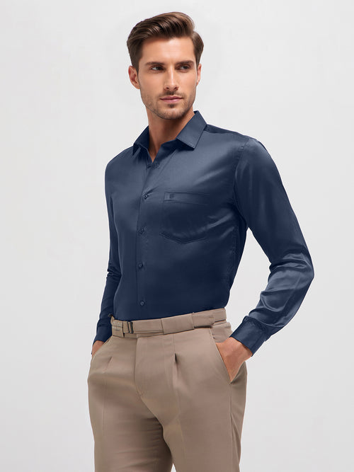Dark Blue Gray Solid Satin Formal Shirt