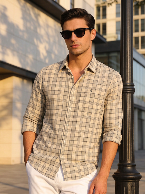 Cream and Grey Checked Casual Shirt