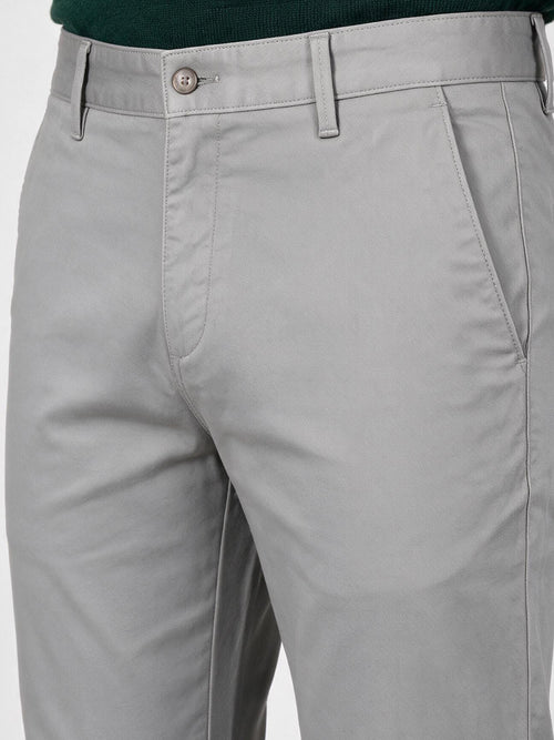 Grey Cotton Twill Satin Solid Casual Trousers