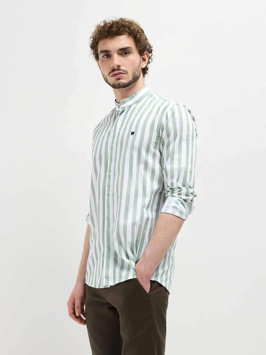 Green Vertical Stripes Casual Shirt